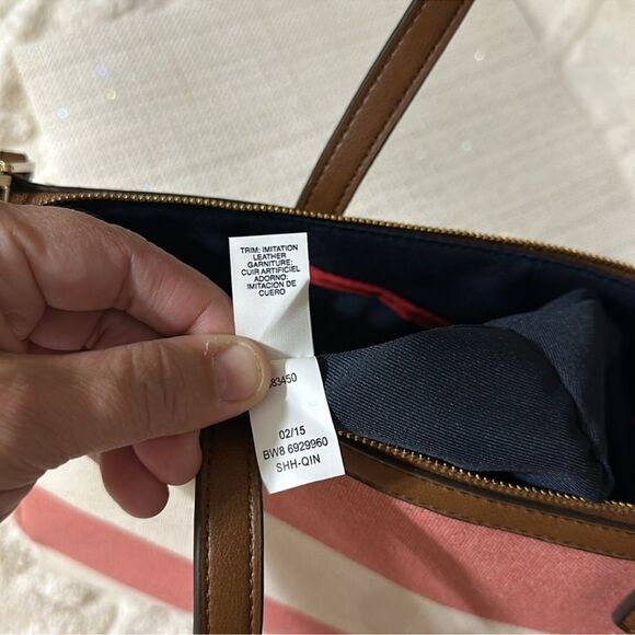 TH Ivory Coral Pink Brown Canvas Stripe Faux Leather Trim Medium Tote Handbag - Picture 10 of 15